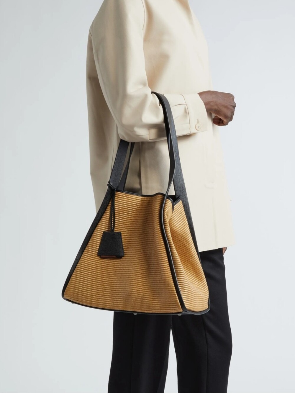 Akris Alex Raffia Bucket Woven Tote Bag with Black Trim - Tan